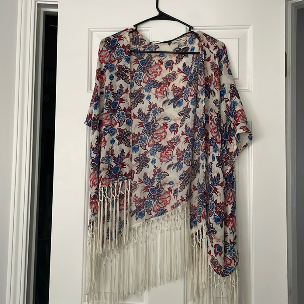 Forever 21 floral, fringe cardigan